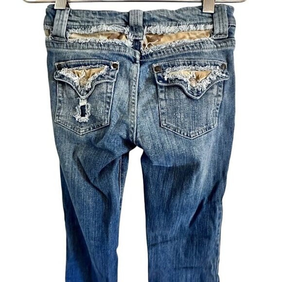Squeeze Jeans Women's size 0 zero Distressed camo patched boot cut med wash - Picture 11 of 12